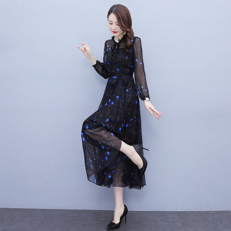 Blomstret Chiffon Langærmet Kjole Kvinders Store Swing Lang Temperament Nederdel Slim