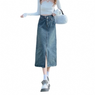 Dame 2023 Slids Denim Nederdel Med Høj Talje Mellemlængde Taske Hofte Løs