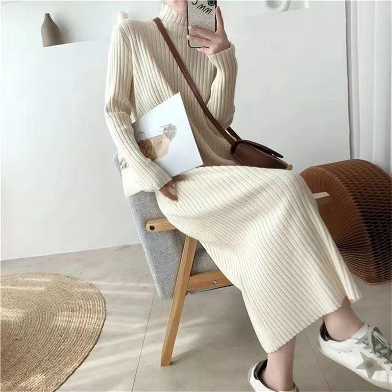 Dame Strikket Bundkjole 2023 Halv Rullekrave Lang Elegant Sweater