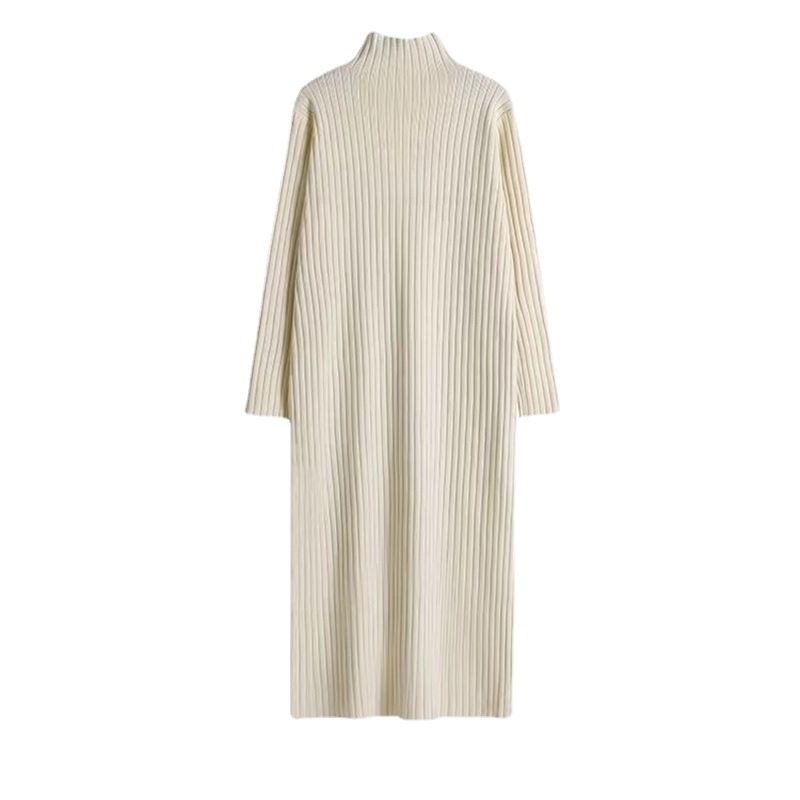 Dame Strikket Bundkjole 2023 Halv Rullekrave Lang Elegant Sweater