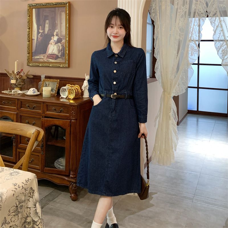 Denim Mellemlang Kjole Kvinder 2023 Talje Retro Temperament