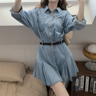 Denim Skjortekjole Kvinder Retro Talje Plisseret