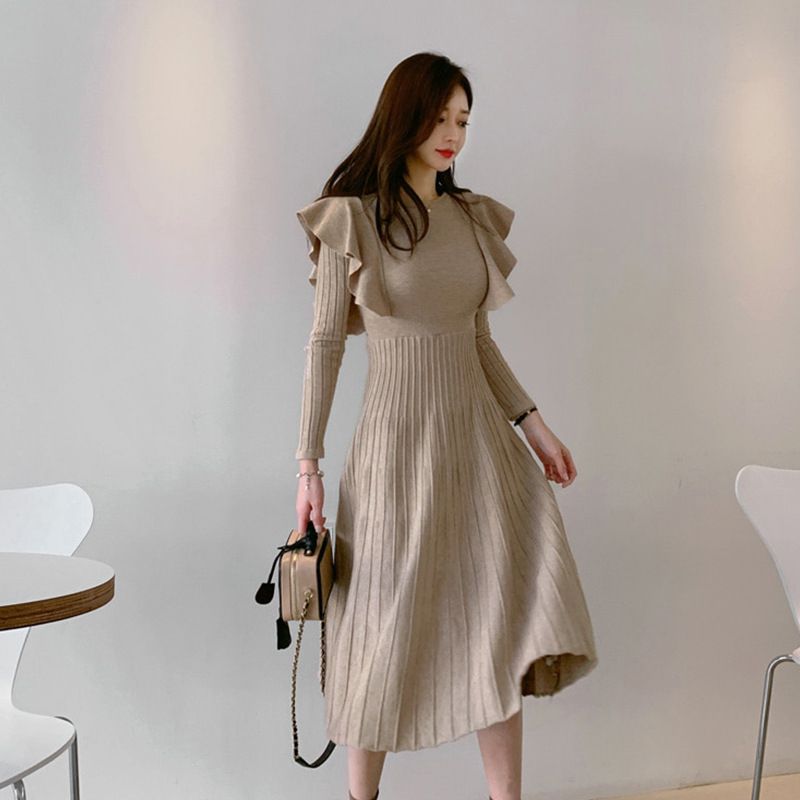 Elegant Strikket Langærmet Sweaterkjole Til Kvinder