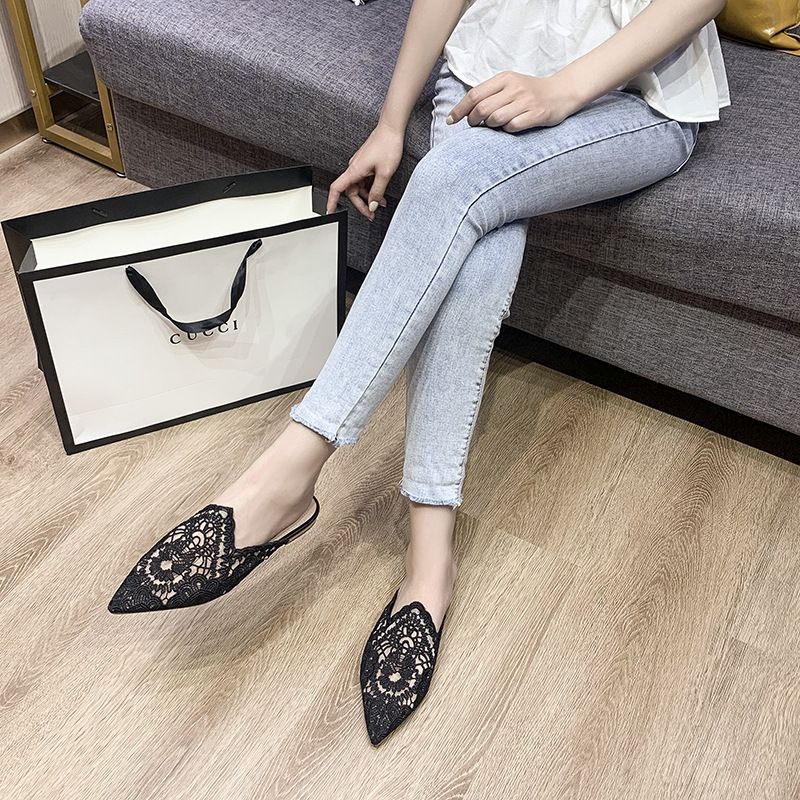 Fashion Baotou Hjemmesko Kvinder 2023 Tidligt Forår Nye Spidse Blonder Mesh Spids Tå Flade Muldyr