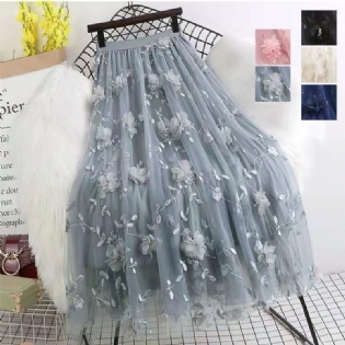 Høj Talje Mellemlængde Broderet Mesh Swing Nederdel