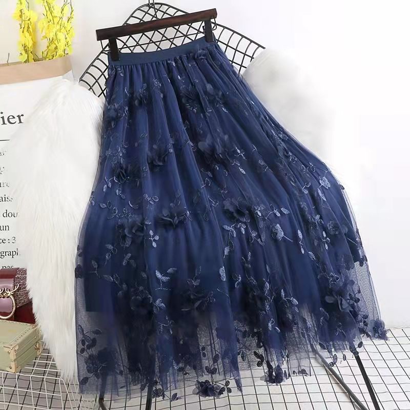 Høj Talje Mellemlængde Broderet Mesh Swing Nederdel