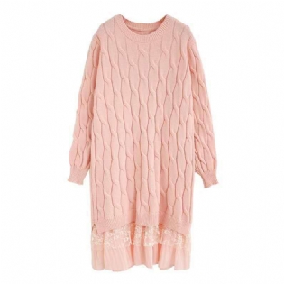 Kvinders Mellemlange Blondekantkjole Ensfarvet Twist Pullover Strikket Sweater