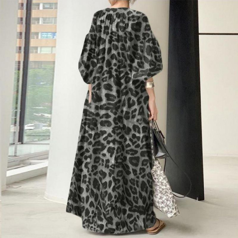 Leopardprint Skjortekjole Standkrave Pufærmer Mode Løs Casual