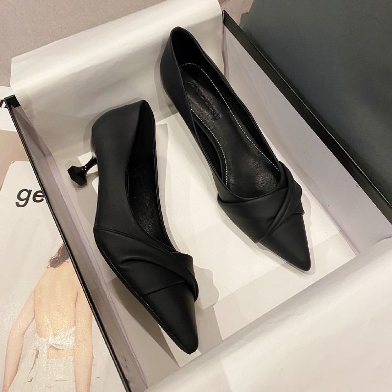 Medium Hæl Høje Hæle Flade Sko Blødt Læder Dame Stiletto 2023 Nye Spidse Tå Sko Lavvandet Mund Damesko