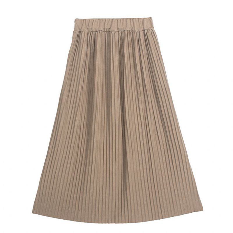 Retro Ensfarvet Nederdel Elastisk Talje Casual Plisseret Mellem Længde