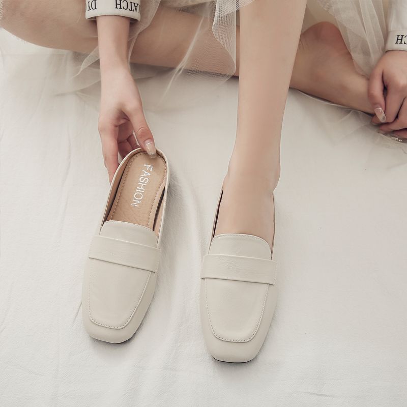 Room Sko Baotou Hjemmesko Kvinders Nye Sommer Flade Bløde Læder Slip-on Blød Bund Muller