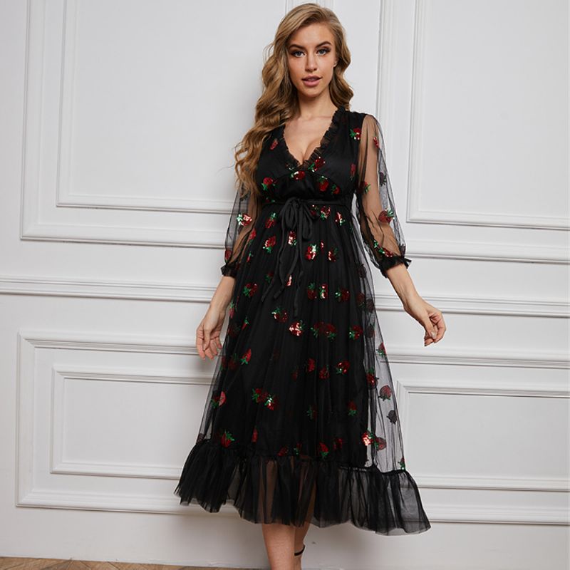 Sort Strawberry Mesh Kjole Pailletter Broderede Flæser Stitching