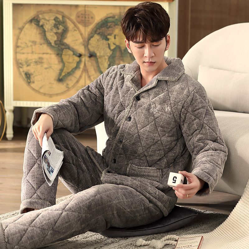 Flannel Tre-lags Quiltet Pyjamas Herre Cardigan Revers Tykt Hjemmetøj