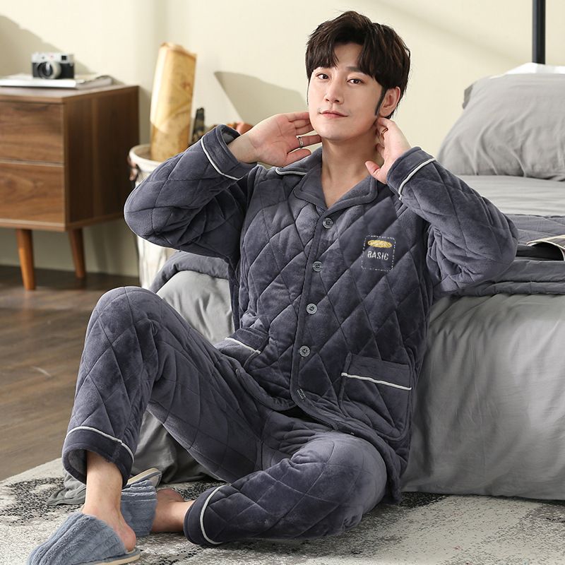 Herrepyjamas Fortykket Plus Fleece Tre-lags Quiltet Flannel Varmt Hjemmetøj Sæt