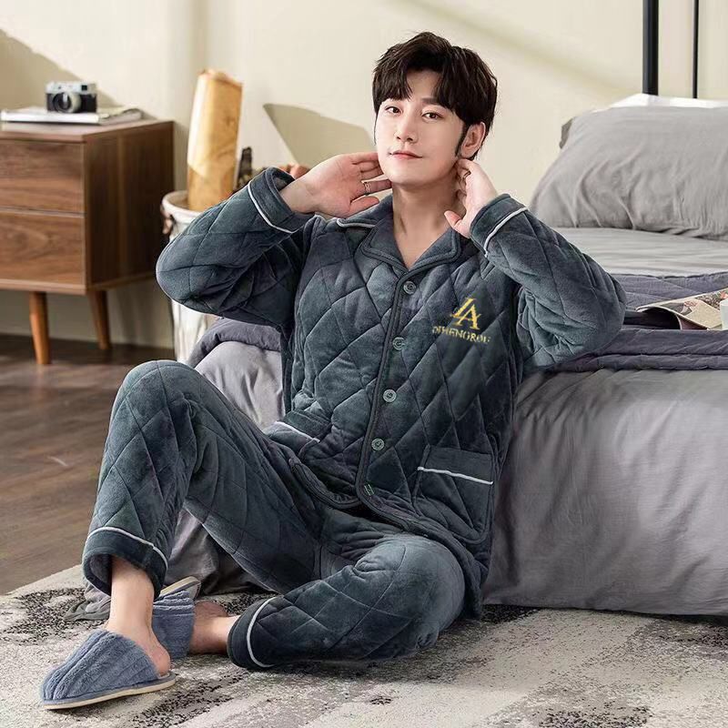 Herrepyjamas Fortykket Plus Fleece Tre-lags Quiltet Flannel Varmt Hjemmetøj Sæt