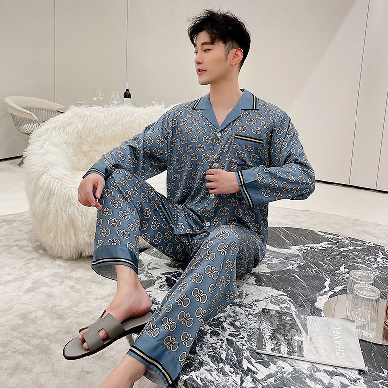 Herrepyjamas Tynd Silkecardigan Vestlig Stil Hjemmetøj