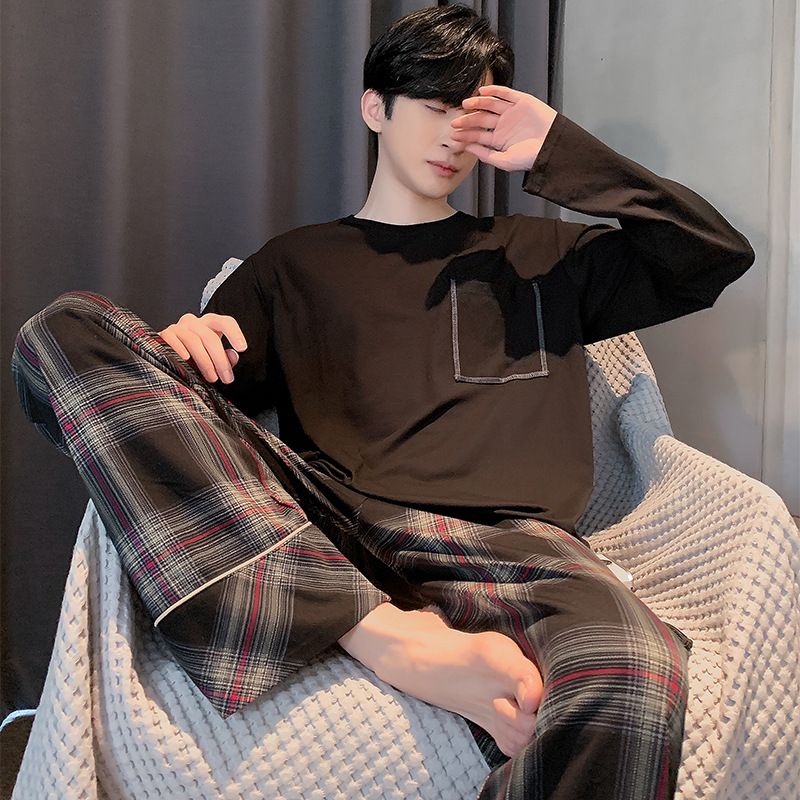 Langærmet Pyjamas Til Mænd Afslappet Plaid Løst Jakkesæt