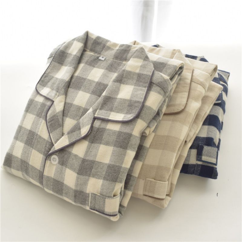 Mænds Bomuld Børstet Pyjamas Plaid Langærmet Sæt Hjemmetøj