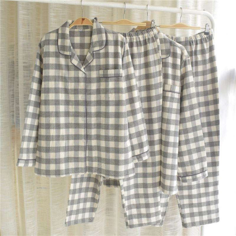Mænds Bomuld Børstet Pyjamas Plaid Langærmet Sæt Hjemmetøj