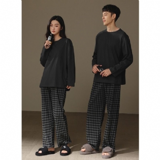 Mænds Pyjamas Bomuld Rund Hals Lange Ærmer Mørkegrå Plaid Hjemmetøj Sæt