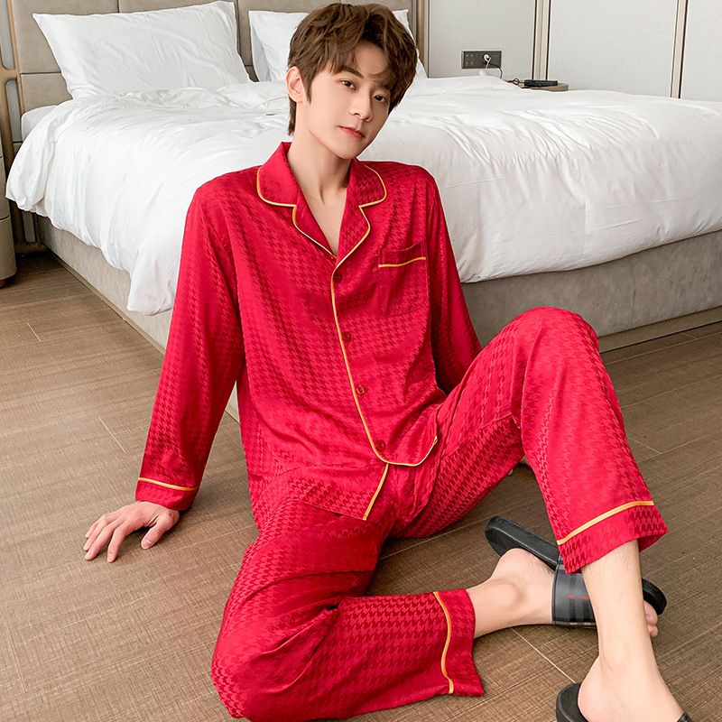 Mænds Pyjamas Lange Ærmer Tynde Sektion Jacquard Houndstooth Homewear Sæt
