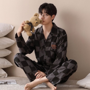 Pyjamas Bomuld Langærmet Cardigan Lapel Plaid Mænd Homewear Suit