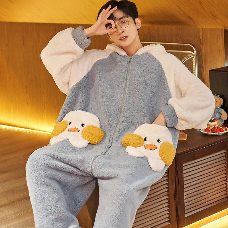 Pyjamas I Ét Stykke Plus Fleece Fortykket Tegneserie Sødt Flannel Hjemmetøj Til Mænd