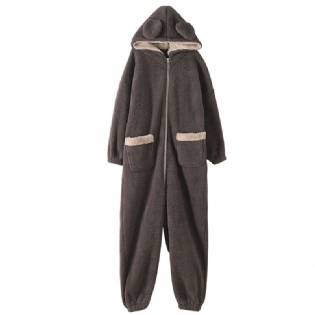 Pyjamas Til Mænd Med Hætte Varm Lynlås Jumpsuit Coral Fleece Casual Løst Hjemmetøj