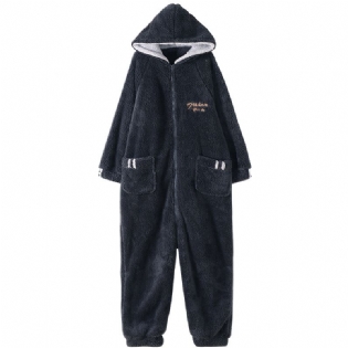 Varm Flannel Pyjamas Langærmede Mænd Med Hætte Loungewear Casual Heldragter