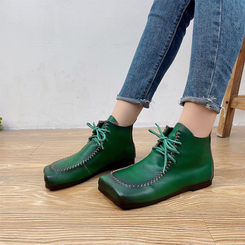 2023 Autumn New Square Toe Front Snørebånd Ensfarvet Syning Lav Top Retro Low Cut Tassel Støvler